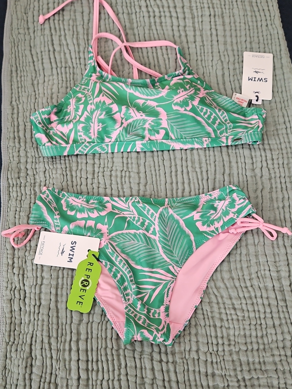 Fat Face Green & Pink Tropical Juniors Two-Piece Swim Bikini